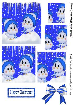 Little Bluebirds in the Snow with Hat and Scarf on Pyramids