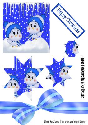 Bluebirds in the Snow with Hat and Scarf on Star Pyramids