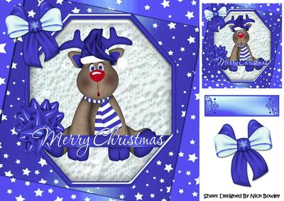 Lovely Reindeer with Royal Blue Bow and Stars 8x8