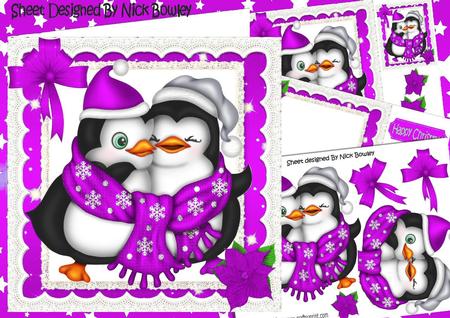 Cute Cuddle Penguins, with Cerise Stars and Bow 8x8 Mini Kit