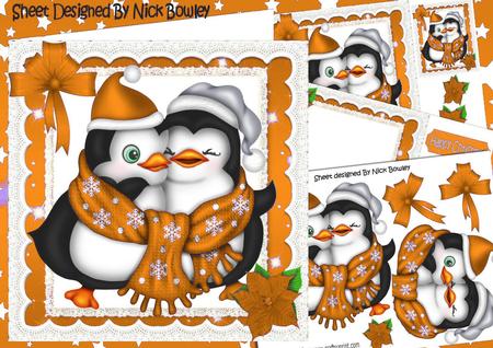 Cute Cuddle Penguins, with Orange Stars and Bow 8x8 Mini Kit