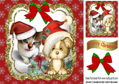 Cute Puppy and Kitty in Santa Hat with Bow 8x8