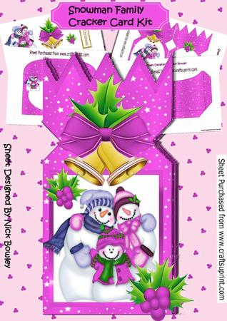 Snowman Family with Pink Bells and Holly Cracker Card Kit