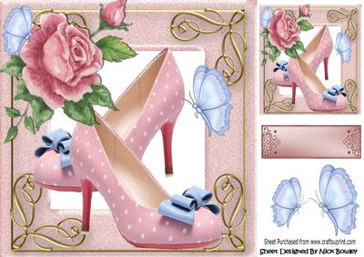 Pink Polkadot Vintage Shoes with Blue Bows and Butterflies