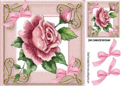 Painted Vintage Pink Rose with Bows in Ornate Frame 8x8