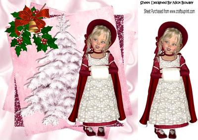 Little Girl in Her Red Bonnet and Coat with Holly 8x8