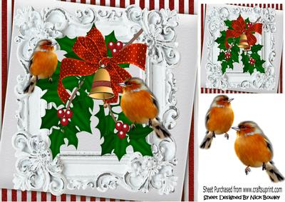 Bells, Holly and Robins in Antique Frame with Bow 8x8