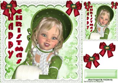 Girl in Green Christmas Bonnet with Red Bows and Lace 8x8