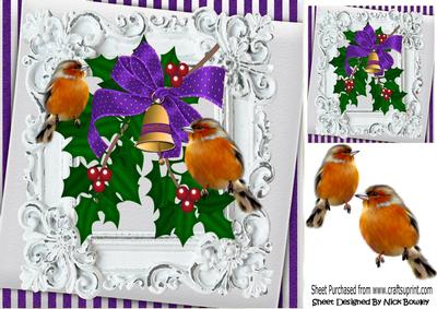 Bells, Holly and Robins in Antique Frame with Purple Bow 8x8