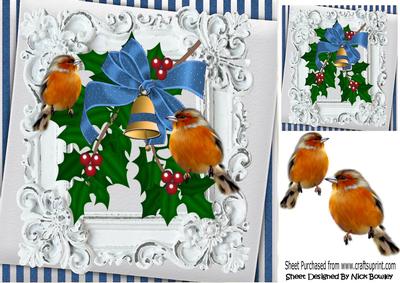 Bells, Holly and Robins in Antique Frame with Blue Bow 8x8