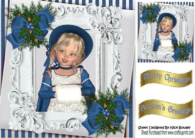 Little Girl in Her Blue Bonnet and Coat in Ornate Frame 8x8