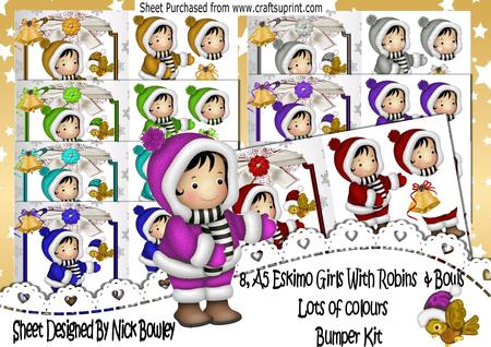 8, Lovely A5 Eskimo Girls with Robins, Lace and Bows Bumper