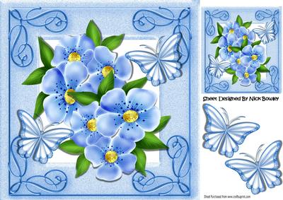Pretty Blue Flowers and Butterflies in Ornate Frame 8x8