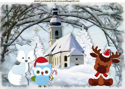 Cute Little Animals with Church in Snow Scene A4