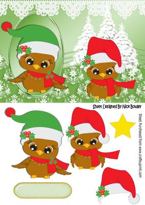 Cute Owls in Santa Hats with Christmas Tree