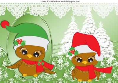 Cute Owls in Santa Hats with Christmas Tree A4