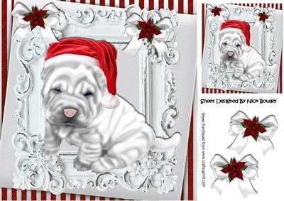 Cute White Shar Pei, Wrinkles the Dog in Santa Hat 8x8