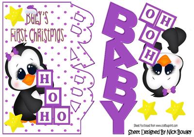 Babys First Christmas with Cute Purple Penguin Over the Edge