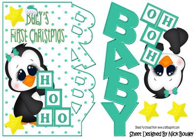 Babys First Christmas with Cute Turq Penguin Over the Edge