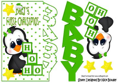 Babys First Christmas with Cute Green Penguin Over the Edge