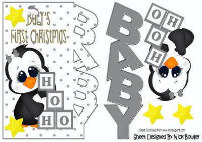 Babys First Christmas with Cute Silver Penguin Over the Edge