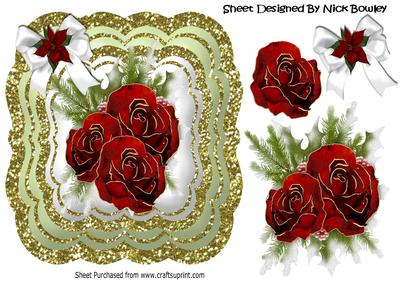 Pretty Christmas Red Roses with Holly in Glitter Frame 8x8