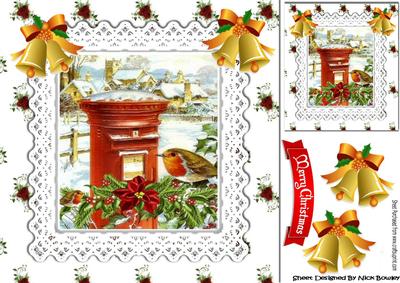 Robins with Village Snow Scene in Lace and Bells 8x8