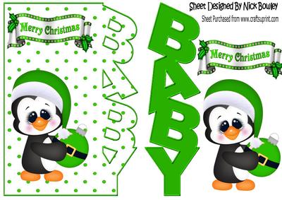 Babys Christmas with Cute Penguin with Green Bauble