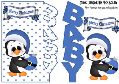 Babys Christmas with Cute Penguin with Blue Bauble