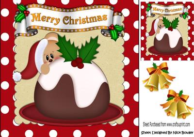 Peek a Boo Teddy Behind Christmas Pudding 8x8