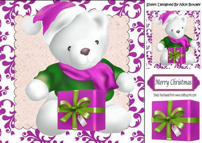 Cuddle White Big Bear with Pink Present 8x8