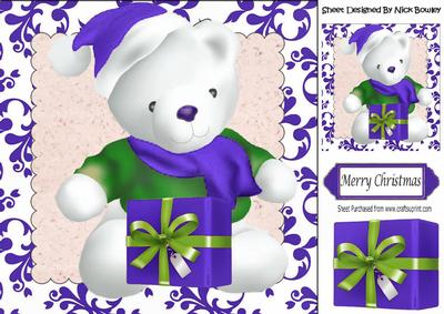 Cuddle White Big Bear with Purple Present 8x8