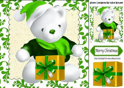 Cuddle White Big Bear with Green Present 8x8