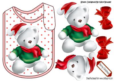 Cute White Teddy in Santa Hat with Bows on a Bib