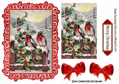 Lovely Vintage Scene of Robins Sitting on a Fence in Snow
