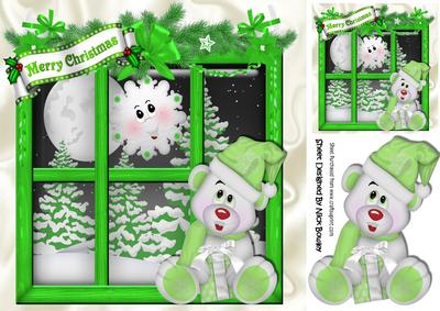 Lovely Teddy in the Window with Present 8x8