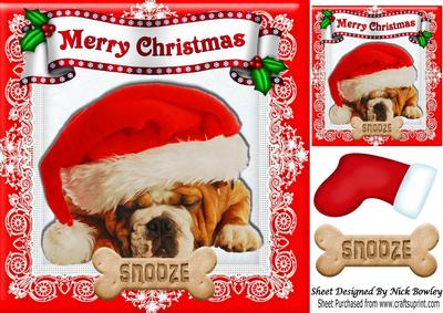 Sleepy Dog in Santa Hat with His Snooze Bone 8x8