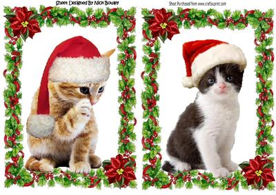 Cute Kitties in Santa Hats in Holly Frames Quick Cards