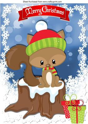 Cute Squirrel Sitting on a Log with Snow A4