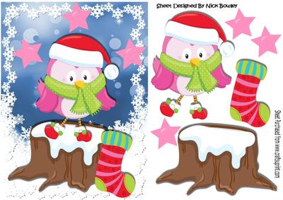 Cute Little Bird in Green Scarf. Sitting on a Log with Snow