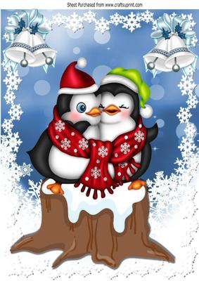 Cuddle Penguins in Red Scarf on a Snow Log A4