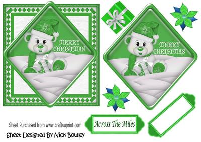 Little Bear in the Snow with Green Present, Card & Topper