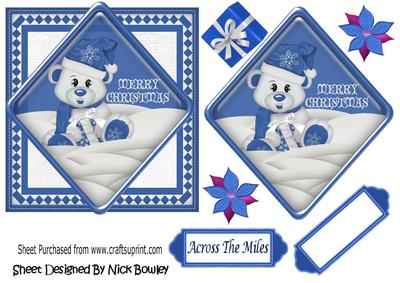 Little Bear in the Snow with Blue Present, Card & Topper
