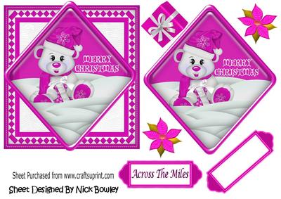 Little Bear in the Snow with Pink Present, Card & Topper