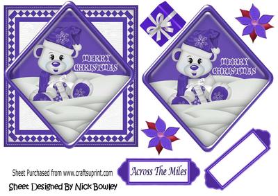 Little Bear in the Snow with Purple Present, Card & Topper