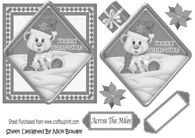 Little Bear in the Snow with Silver Present, Card & Topper