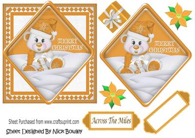 Little Bear in the Snow with Gold Present, Card & Topper