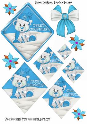 Little Bear in the Snow with Turq Bow Diamond Pyramids
