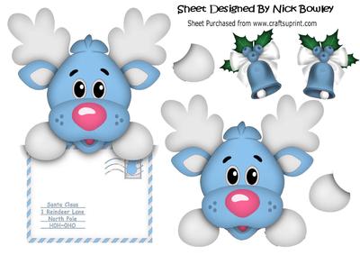 Lovely Reindeer in Blue with Santa Letter Over the Edge