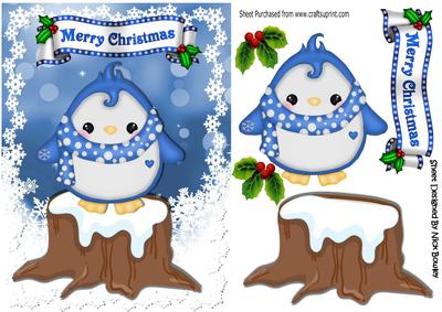 Cute Penguin in Spot Scarf, on a Snow Log